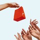 An illustration of a hand holding a shopping bag, and a lot of hands reaching out to grab it