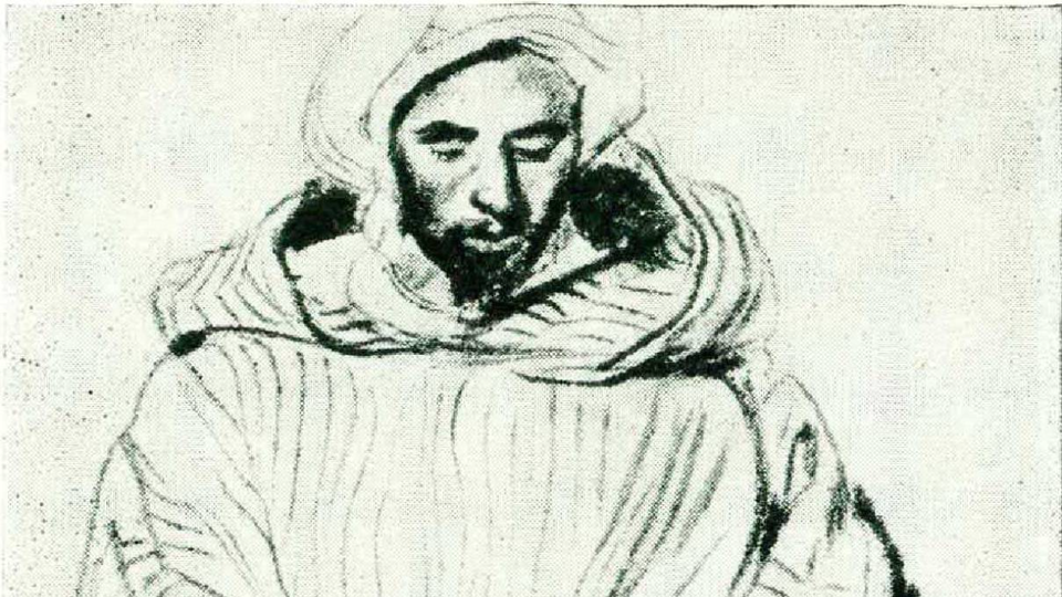 A black and white illustration for the Albert Camus short story "The Guest," after a drawing by Delacroix