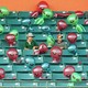 Two boys sit in a stadium surrounded by inflatable aliens