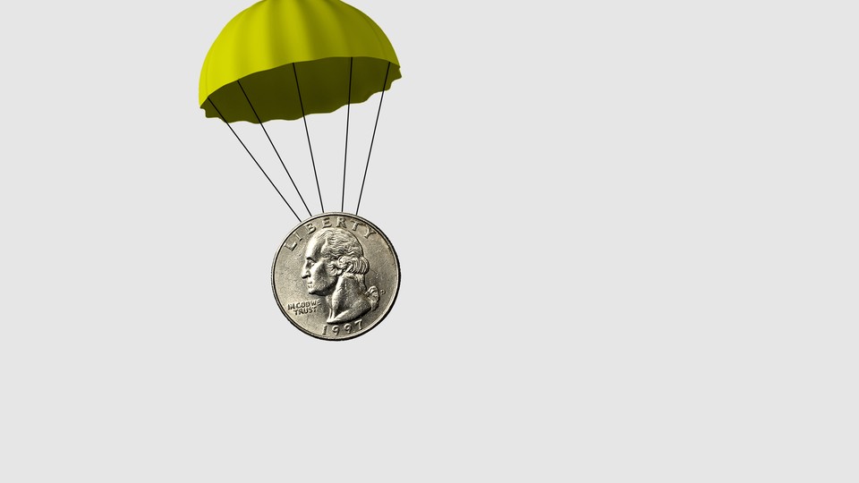 An illustration of a quarter with a parachute attached.
