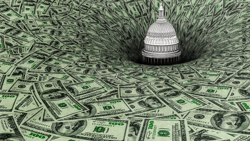 An illustration of hundred dollar bills funneling down a hole with the U.S. Capitol building inside of it.