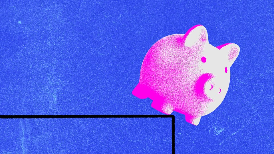 Illustration of a pink piggy bank teetering on the edge of an overhang against a blue background