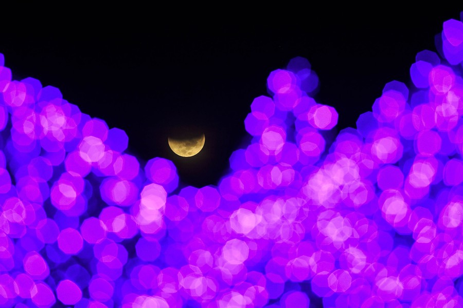The partially eclipsed moon is captured above a Christmas-light display.