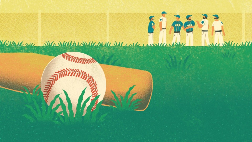 illustration of friends on a baseball field