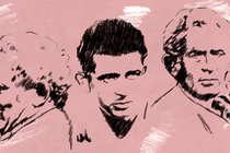 sketches of norman mailer against a light pink background