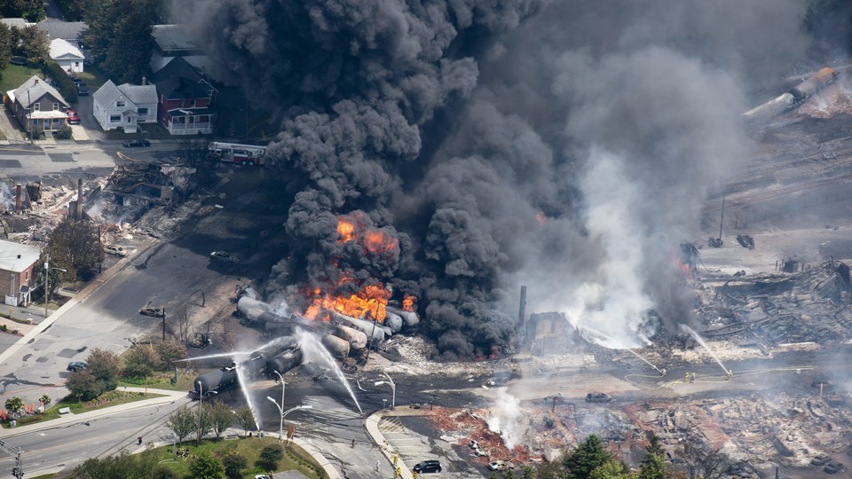 Aerial photograph of a fire in the aftermath of a train derailment in East Palestine, Ohio, in February 2023
