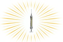 A syringe at the center of a golden starburst