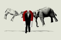 A photo-illustration of a donkey and an elephant stuck to a magnet around Donald Trump's shoulders