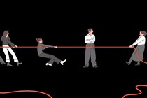 An illustration of a man being pulled on two sides by his sisters and wife