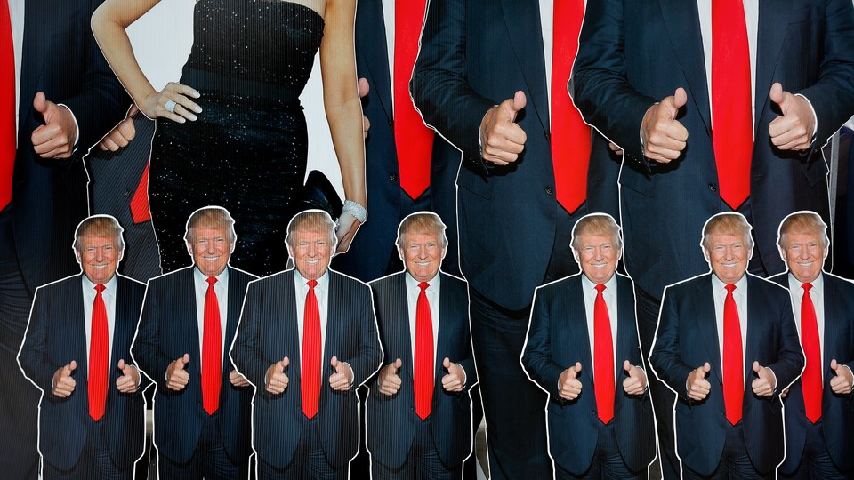 Photos of Donald Trump with a thumbs-up and a woman in a black dress