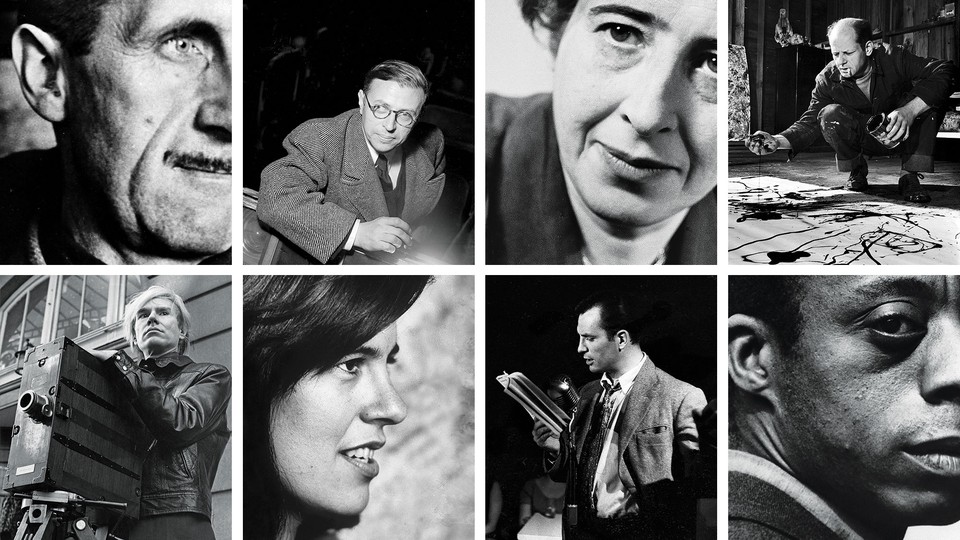 8 black and white photos in a grid: George Orwell, Jean-Paul Sartre, Hannah Arendt, Jackson Pollock, Andy Warhol, Susan Sontag, Jack Kerouac, James Baldwin.