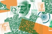 A collage with an image of Modi and other Indian leaders, and the word "democracy" struck through