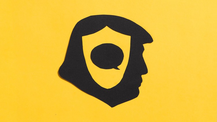 An illustration showing a thought bubble protected by a shield inside a silhouette of Donald Trump's head