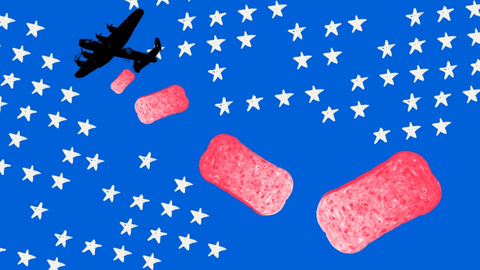 An illustrated war plane drops slices of SPAM, the canned meat, across a patriotic, star-spangled sky.