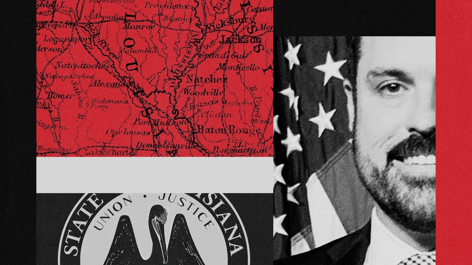 A black-and-red illustration showing Blake Miguez, a state seal, and a map