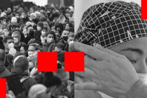 Two photos, one of a masked crowd, the other of a nurse wiping away tears