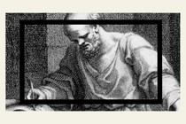 A black-and-white illustration of Socrates writing