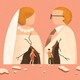 illustration in which two people stand inside crumbling bride and groom sculptures