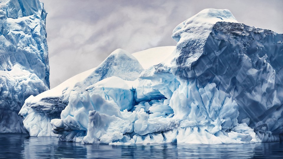 A realistic pastel drawing of glaciers or icebergs in water
