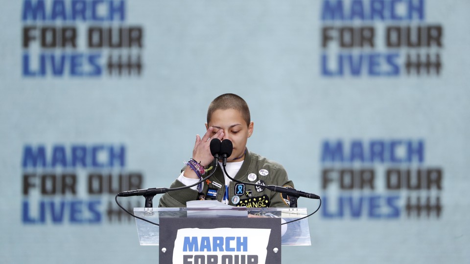 Emma González, a student and shooting survivor from the Marjory Stoneman Douglas High School in Parkland, Florida, addressing the conclusion of the "March for Our Lives” event in Washington, D.C.