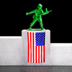 An illustration of a green toy soldier standing atop a victory podium with a draped American flag