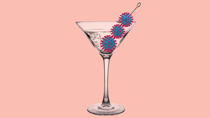 An image of a martini glass with viruses in place of an olive