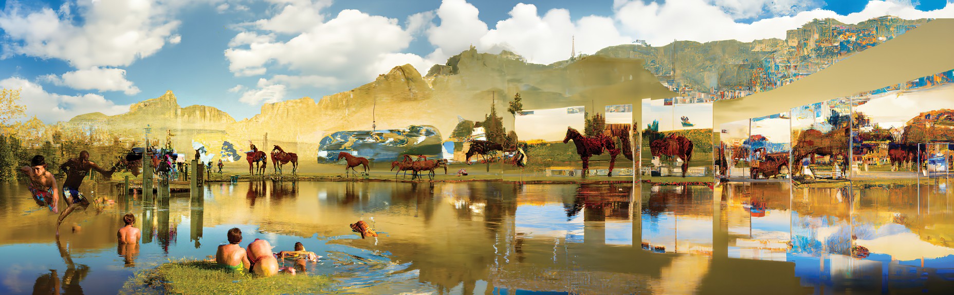 a large-scale AI-created digital mural with western-U.S. landscapes, mountains, blue sky with clouds, and lake, repeating with horses, dogs, swimmers, and digital artifacts