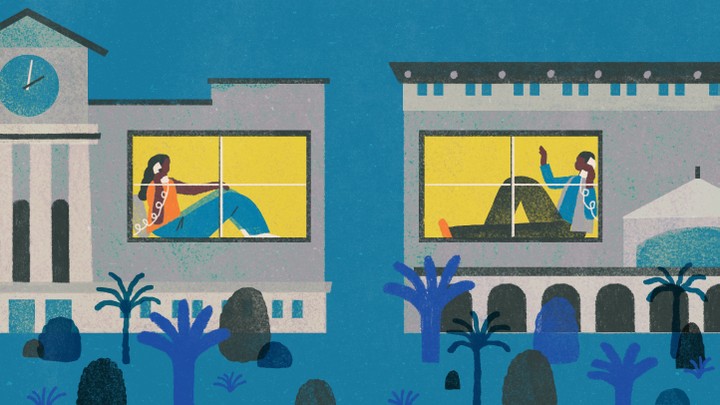 An illustration of friends talking over the phone in their own dorm buildings at night.