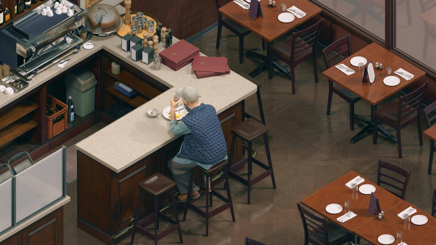 Illustration of a person sitting on stool and eating alone at diner counter, surrounded by empty tables with no other people visible.