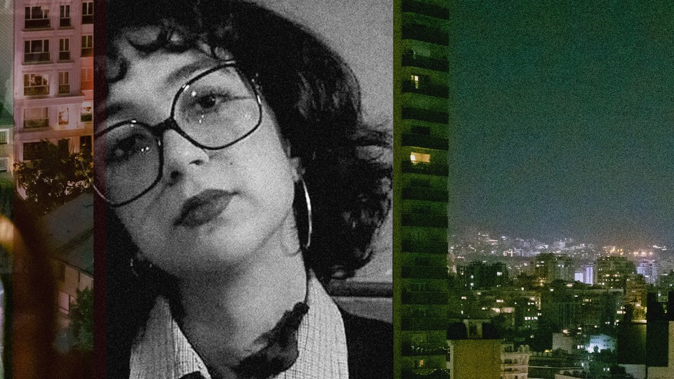 A collage including a black and white photo of Raha and a night-time scene of Tehran's city skyline