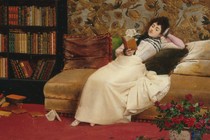 A painting of a woman on a couch reading a book