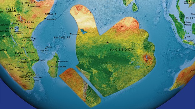 Map of globe with large landmass shaped like Facebook's "like" thumbs-up sign off the coast of Africa