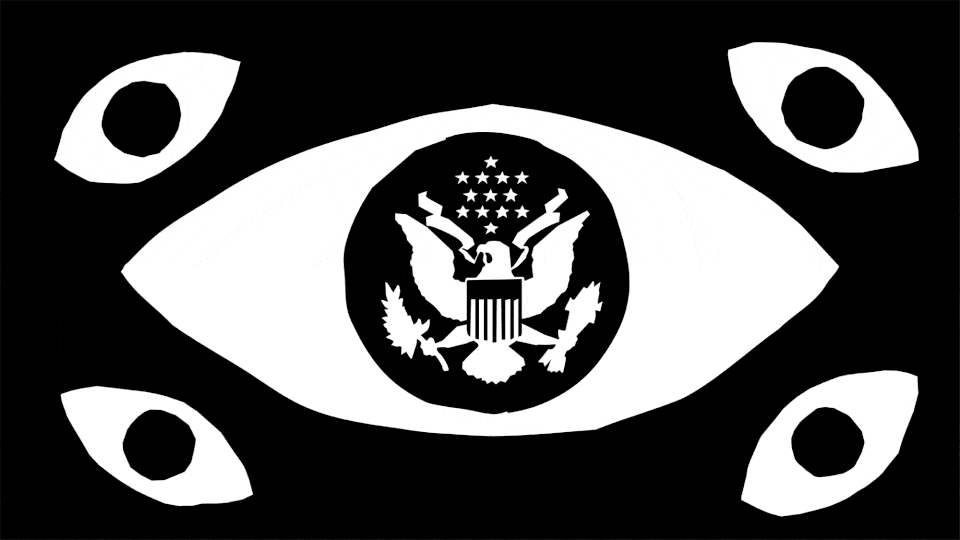 Blinking eyes with federal-government logo in pupil