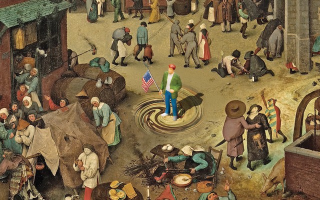 illustration based on painting of busy medieval village with person in modern dress in center of swirl in the middle, carrying a U.S. flag