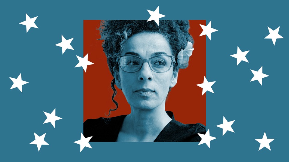 Photo of Masih Alinejad against a blue background and white stars
