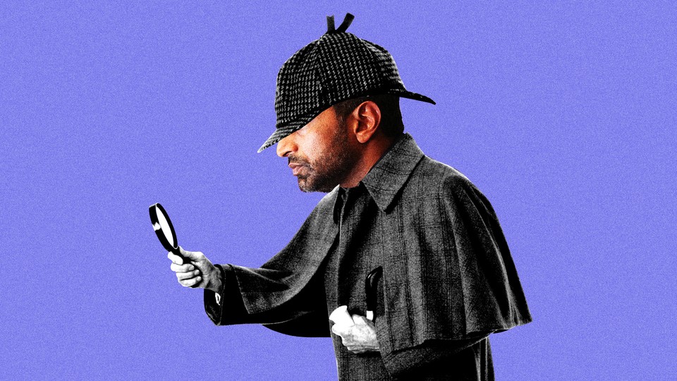 Graphic illustration of Kash Patel's head on the body of an old-school detective in cloak and deerstalker cap, holding a magnifying glass.