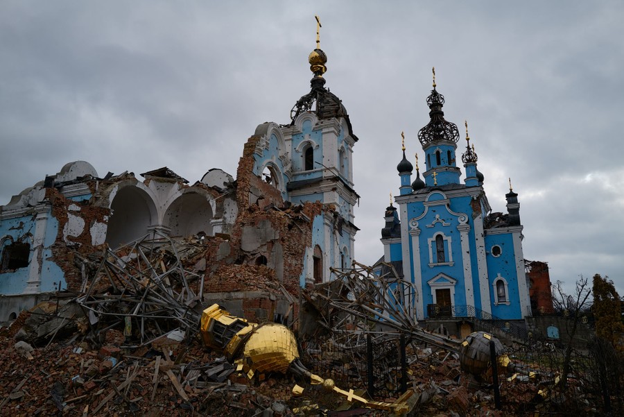 Buildings of a Russian Orthodox monastery lie in ruins.