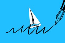An illustration of a sailboat riding waves drawn by a pen