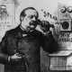 A black and white etching of President-elect Grover Cleveland holding a telephone to his ear. On the wall is a portrait of President Chester A. Arthur captioned, 'Pres. of U.S. till March 4, 1885.' The words "SPEAK OUT" are emanating from the telephone speaker in the wall.