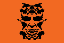 a black-ink Rorschach-test style illustration of Donald Trump's face made from the outlines of the continents, set on an orange background