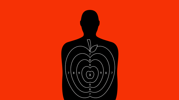 An illustration of target practice for a shooting range with an apple design over it.