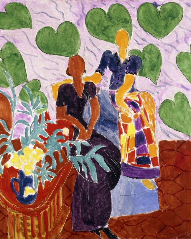 Marker-like color drawing of two women sitting next to each other in an interior setting, surrounded by hearts.