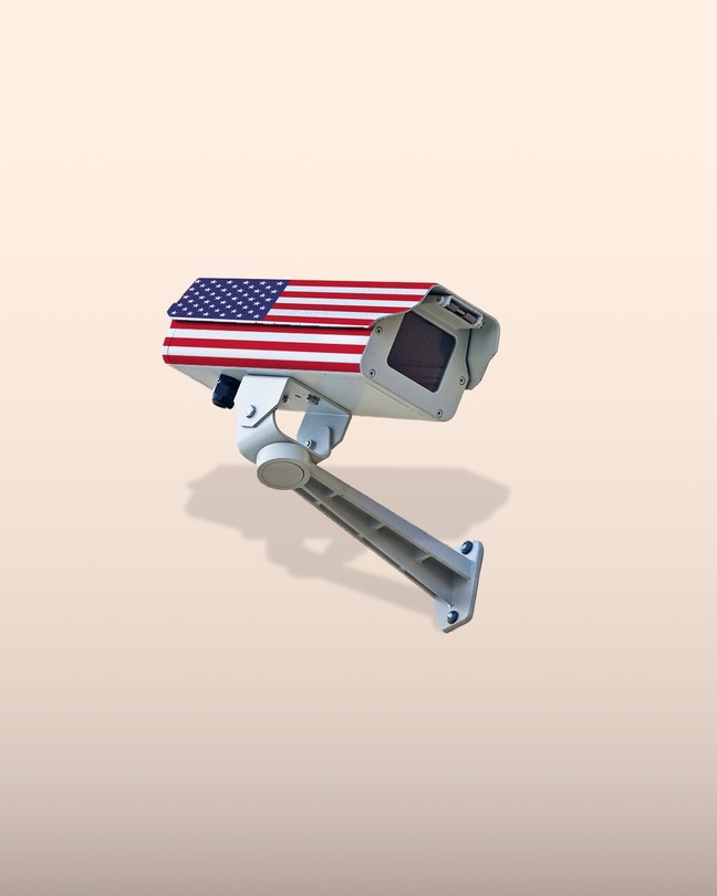 A graphic illustration of a surveillance camera printed with a U.S. flag pattern on it.