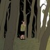 An illustration of a woman in a dark forest, with another woman in the light looking back at her.