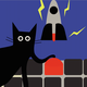 An animation of a cat launching a rocket