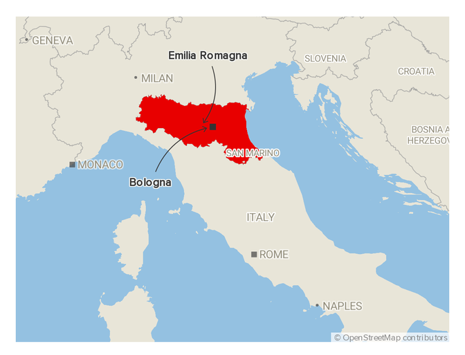 A map of Italy locating Emilia Romagna and Bologna.