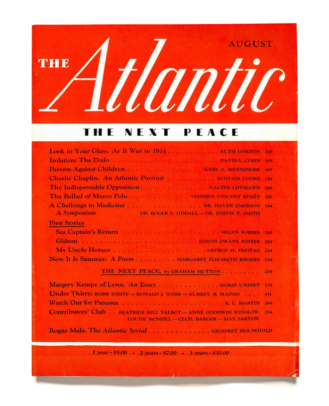 image of August 1939 cover of The Atlantic, subtitled "The Next Peace" with red background and white logo