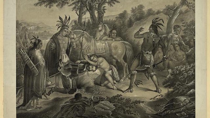 A print showing Captain John Smith, head on stone, with Pocahontas leaning over him, preventing Opechancanough from striking him with a metal weapon.