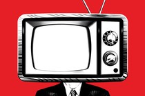 An old-fashioned TV set superimposed on the head of a man in a suit