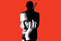 Against a red backdrop, a silhouette of James Bond with black-and-white photo of the author Ian Fleming inside